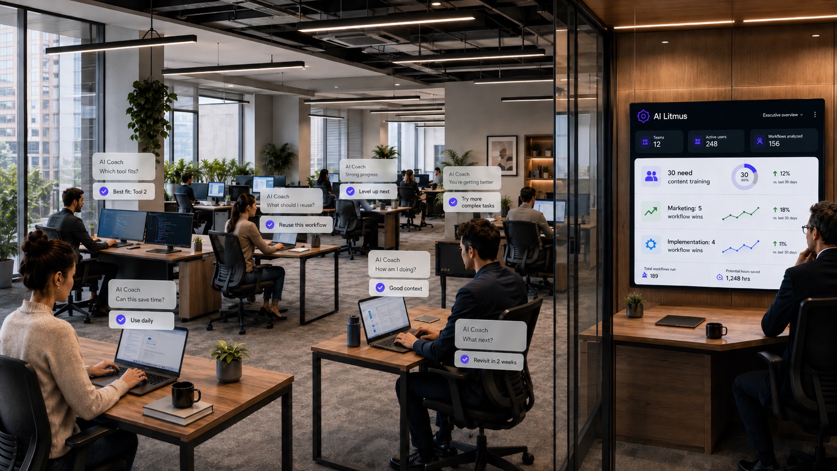 A person at their laptop with two AI Coach nudges above the desk: how am I doing, answered with good context, and what next, answered with revisit in 2 weeks.